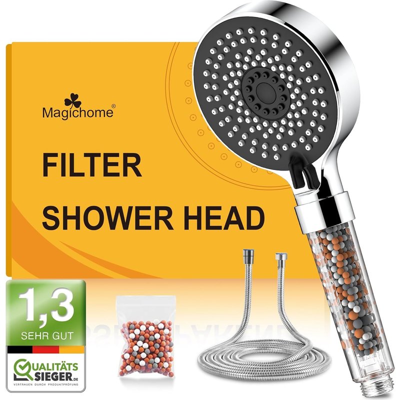 Pommeau de douche avec 2M Tuyau Filtre Economie Deau, Pommeau Douche Anti Calcaire Haute Pression, Douchette Douche Salle de Bain à Effet Pluie avec 5 Types de Jets, Noir