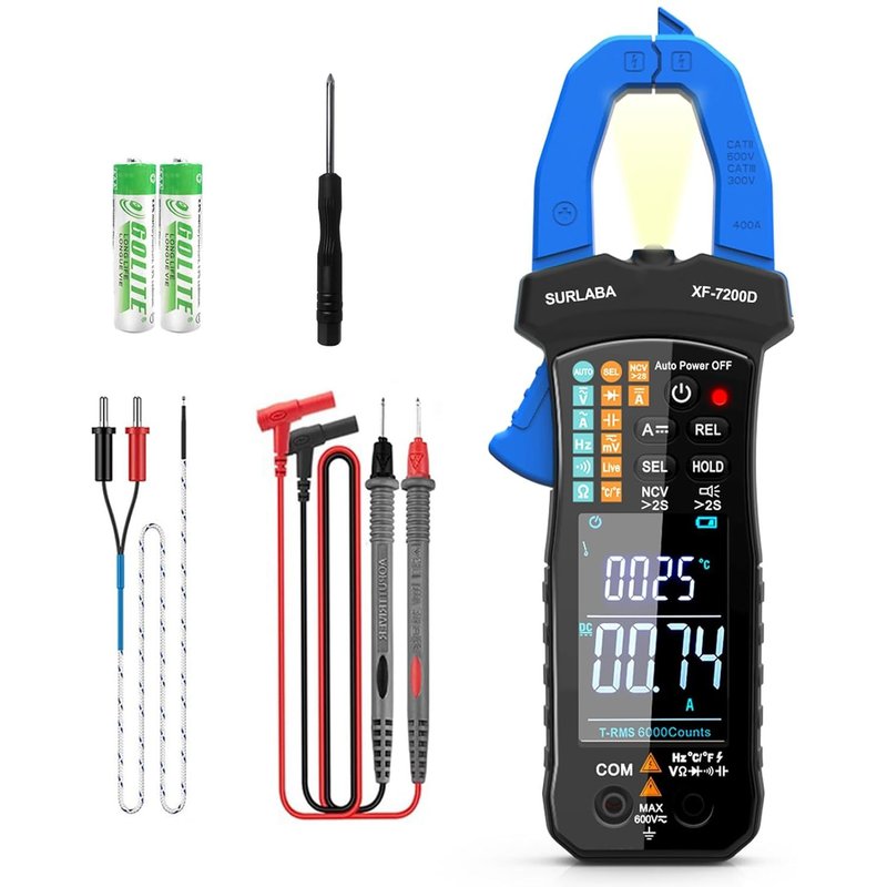 Pince Ampèremétrique,AC DC Clamp Multimètre Numérique XF-7200D avec Lampe Poche LED,600V NCV Voltmètre Ampèremètres pour Tension Courant Résistance Capacitance Continuité Température Diode