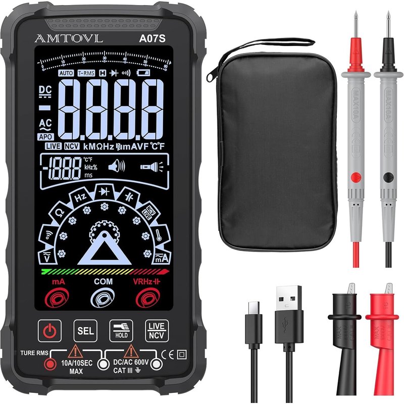 Multimètre Numérique 6000 Comptes Écran Couleur Multimetre Mode Manuel Auto Testeur Electrique Rechargeable TRMS pour Mesurer la Tension Courant Capacité Testeur NCV Température