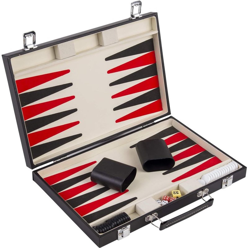 250505-Backgammon Rouge Noir Et Blanc 36 Cm-Jeu De Stratégie-Finitions Simili Cuir-5 Dés-2 Gobelets Et Pions-Jeux De Société Familial A Partir De 6 Ans
