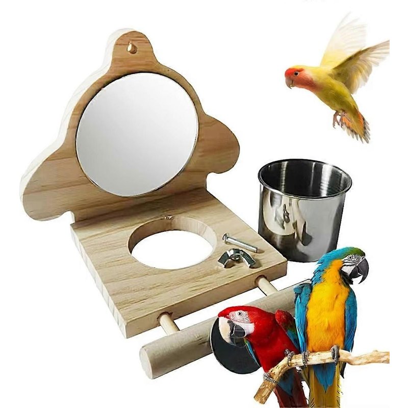 Perchoir Pour Perroquet En Bois Avec Miroir Et Mangeoires Pour Oiseaux