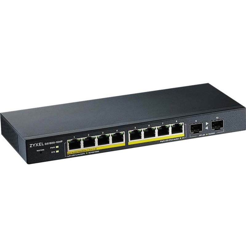 Zyxel GS1900-10HP - Commutateur - intelligent - 8 x 10/100/1000 (PoE+) + 2 x Gigabit SFP - de bureau, fixation murale - PoE+ (77 W)