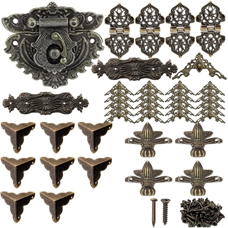 1 Ensemble D'accessoires De Boîte Décorative Bronze Antique, 4 Pied D'angle Décoratif, 8 Coins De Meubles, 1 Fermoirs Boite Verrou, 4 Charnières, 20 Coin Décoratif, 2 Bandes Décoratives Rétro
