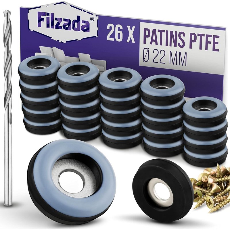 26x Patins Pour Meuble En Téflon Avec Vis - Ø 22 Mm (Rond) - Ptfe Patins Pour Meubles/Planeur Ptfe (Teflon) Avec Vis