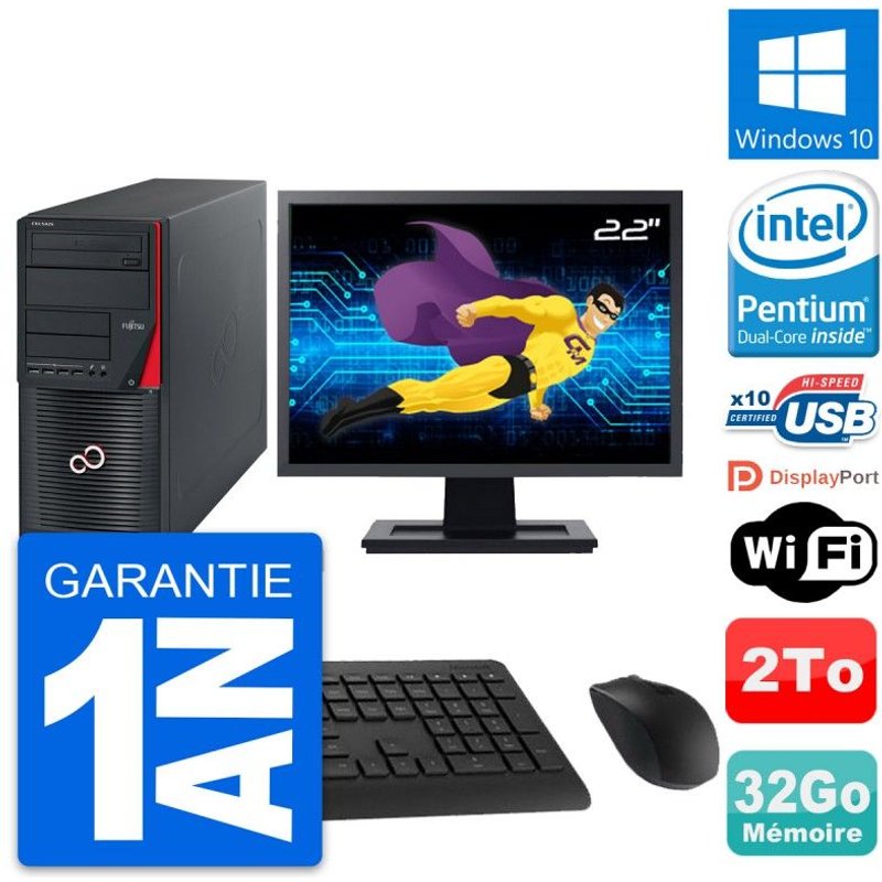 PC Tour Fujitsu W530 Ecran 22" Pentium G3220 RAM 32Go Disque 2To Windows 10 Wifi