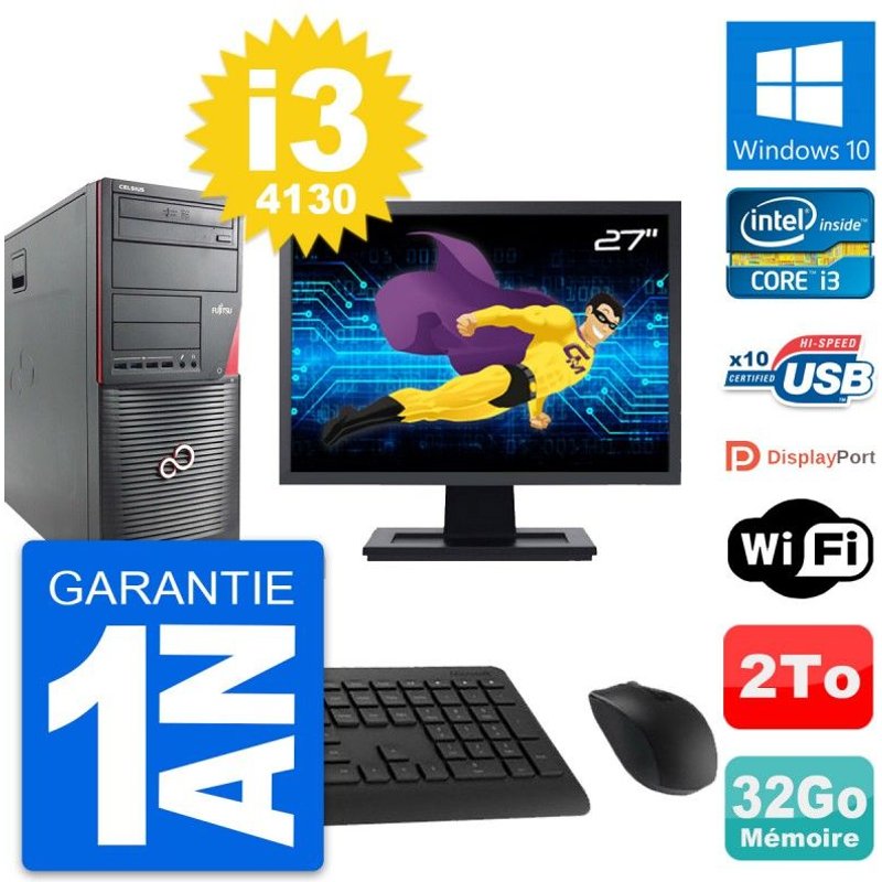 PC Tour Fujitsu W530 Ecran 27" Intel i3-4130 RAM 32Go Disque 2To Windows 10 Wifi