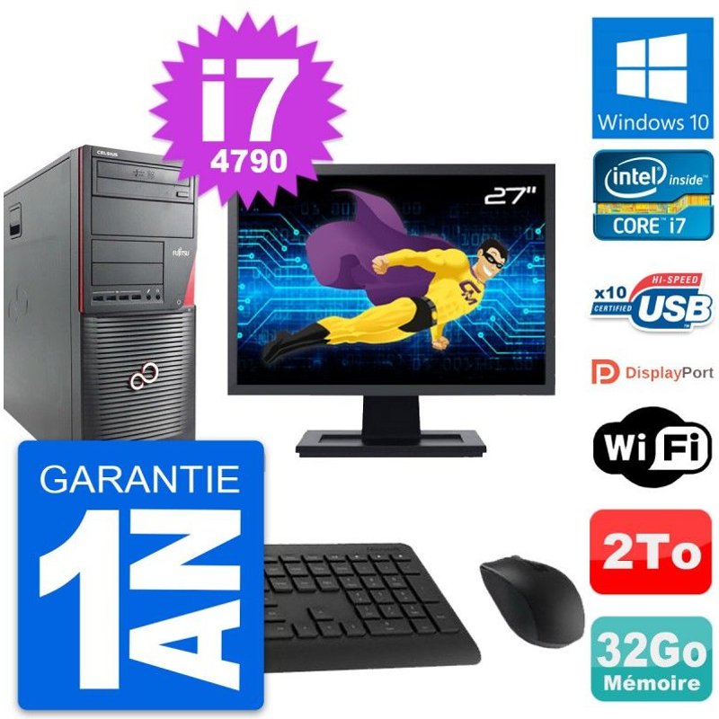 PC Tour Fujitsu W530 Ecran 27" Intel i7-4790 RAM 32Go Disque 2To Windows 10 Wifi