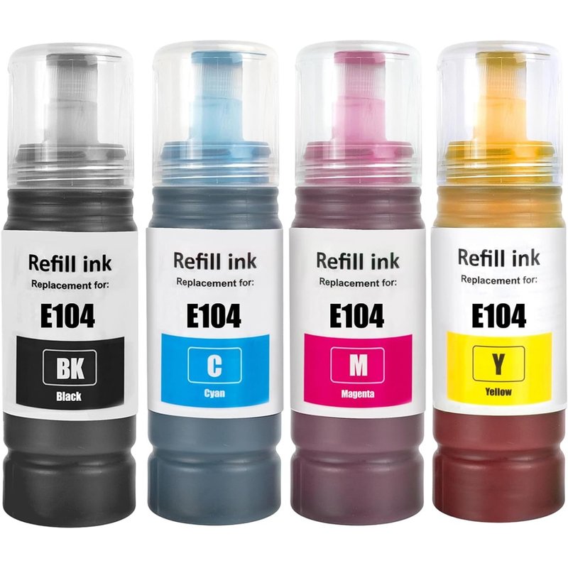 104 Encre Compatible Avec Epson 104 Bouteille D'Encre Multipack Pour Ecotank Et-1810 Et-2726 Et-2810 Et-2811 Et-2812 Et-2814 Et-2815 Et-2820 Et-2821 Et-2825 Et-2826 Et-4700 Et-4800 (4-Pack Bk C M Y)