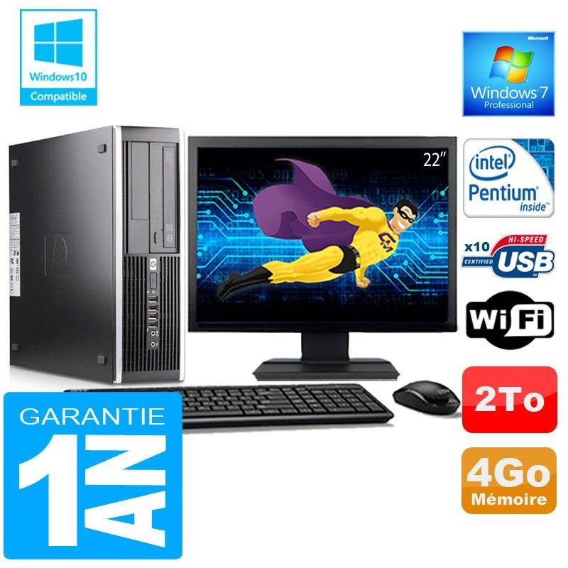 PC HP Compaq 6000 Pro SFF Intel E6300 Ram 4Go Disque 2 To Wifi W7 Ecran 22