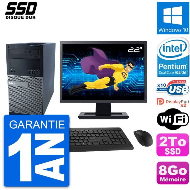 PC Tour Dell 9020 Ecran 22" Intel G3220 RAM 8Go Disque Dur 2To Windows 10 Wifi