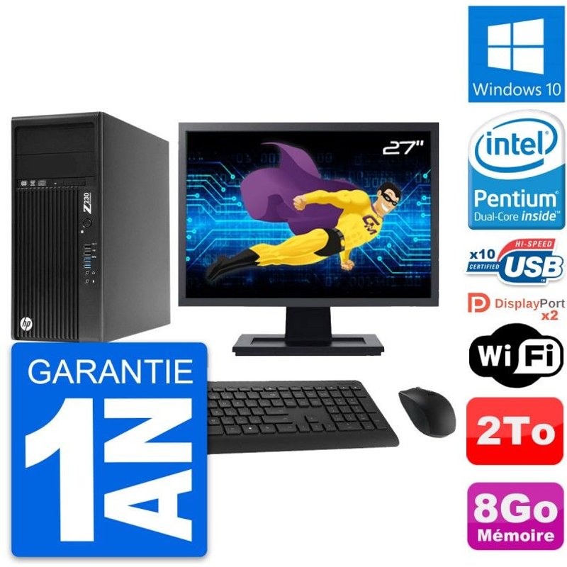 PC Tour HP Z230 Ecran 27" Intel Pentium G3220 RAM 8Go Disque 2To Windows 10 Wifi