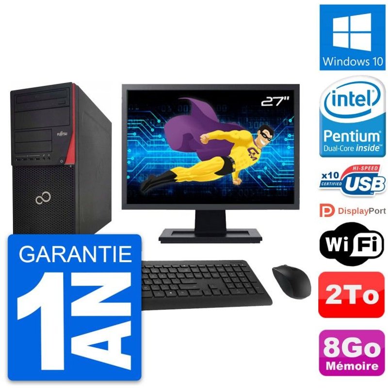 PC Tour Fujitsu P920 Ecran 27" Intel G3220 RAM 8Go Disque 2To Windows 10 Wifi
