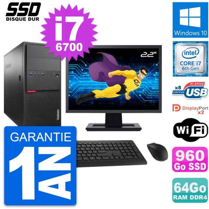 PC Tour Lenovo M800 Ecran 22" Intel i7-6700 RAM 64Go SSD 960Go Windows 10 Wifi