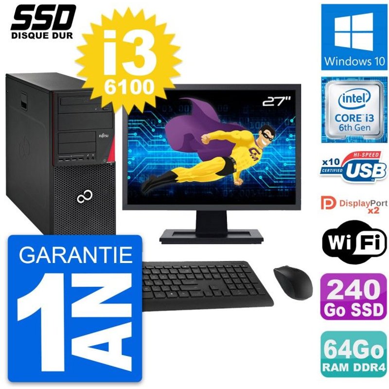 PC Tour Fujitsu P756 Ecran 27" Intel i3-6100 RAM 64Go SSD 240Go Windows 10 Wifi
