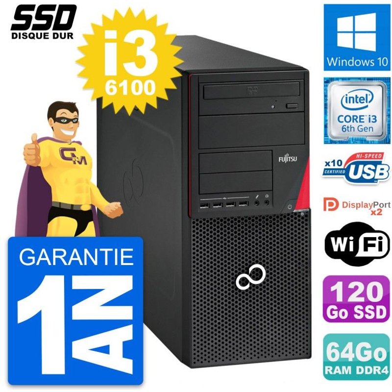 PC Tour Fujitsu Esprimo P756 MT Intel i3-6100 RAM 64Go SSD 120Go Windows 10 Wifi