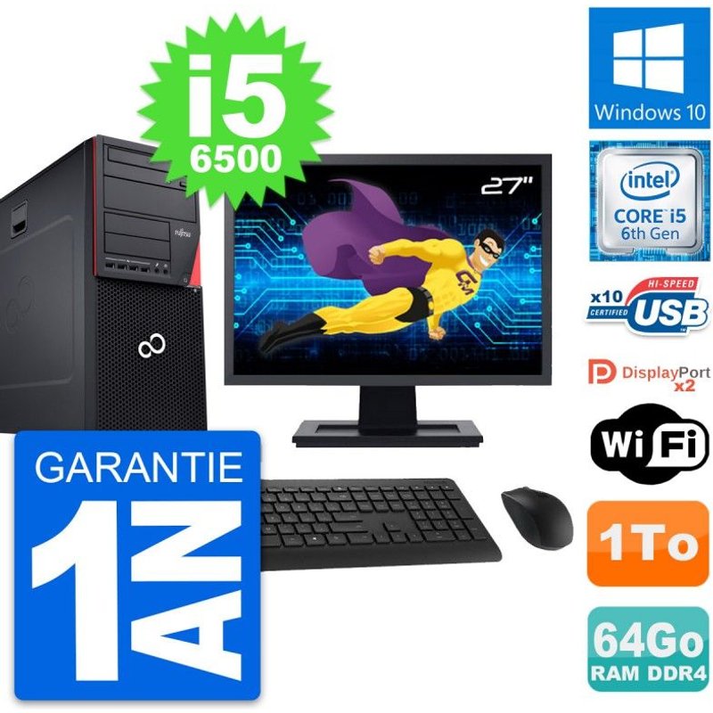 PC Tour Fujitsu P756 Ecran 27" Intel i5-6500 RAM 64Go Disque 1To Windows 10 Wifi