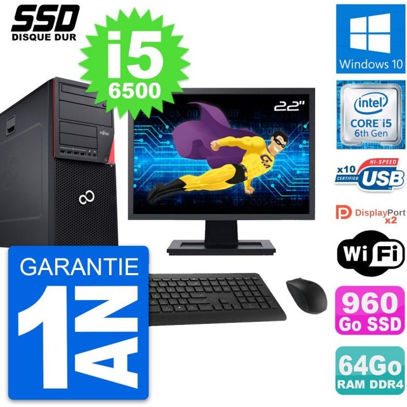PC Tour Fujitsu P756 Ecran 22" Intel i5-6500 RAM 64Go SSD 960Go Windows 10 Wifi