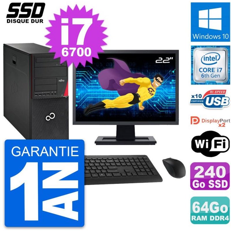 PC Tour Fujitsu P756 Ecran 22" Intel i7-6700 RAM 64Go SSD 240Go Windows 10 Wifi