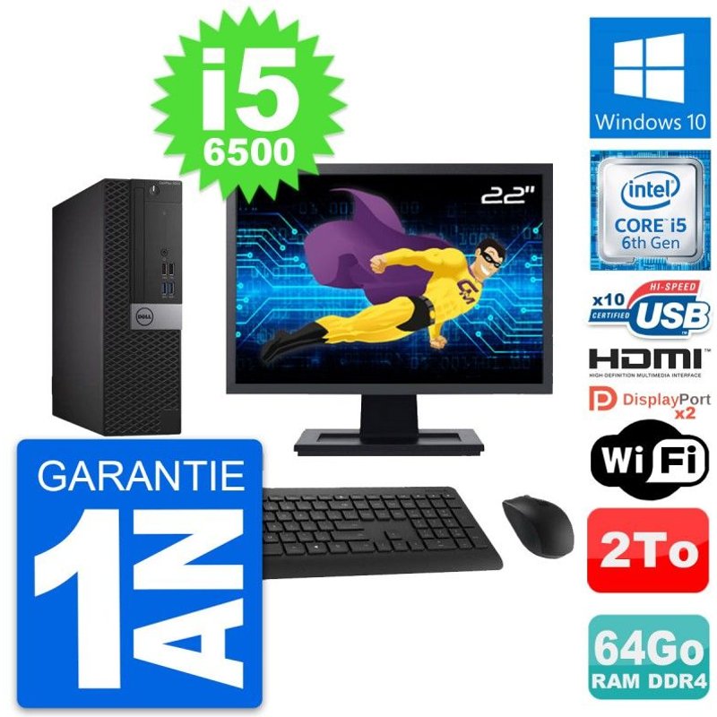 PC Dell 5050 SFF Ecran 22" Core i5-6500 RAM 64Go Disque 2To HDMI Windows 10 Wifi