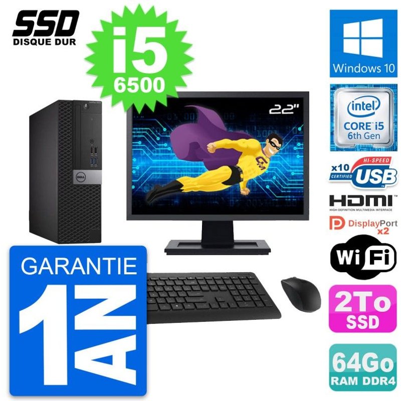 PC Dell 5050 SFF Ecran 22" Intel i5-6500 RAM 64Go SSD 2To HDMI Windows 10 Wifi