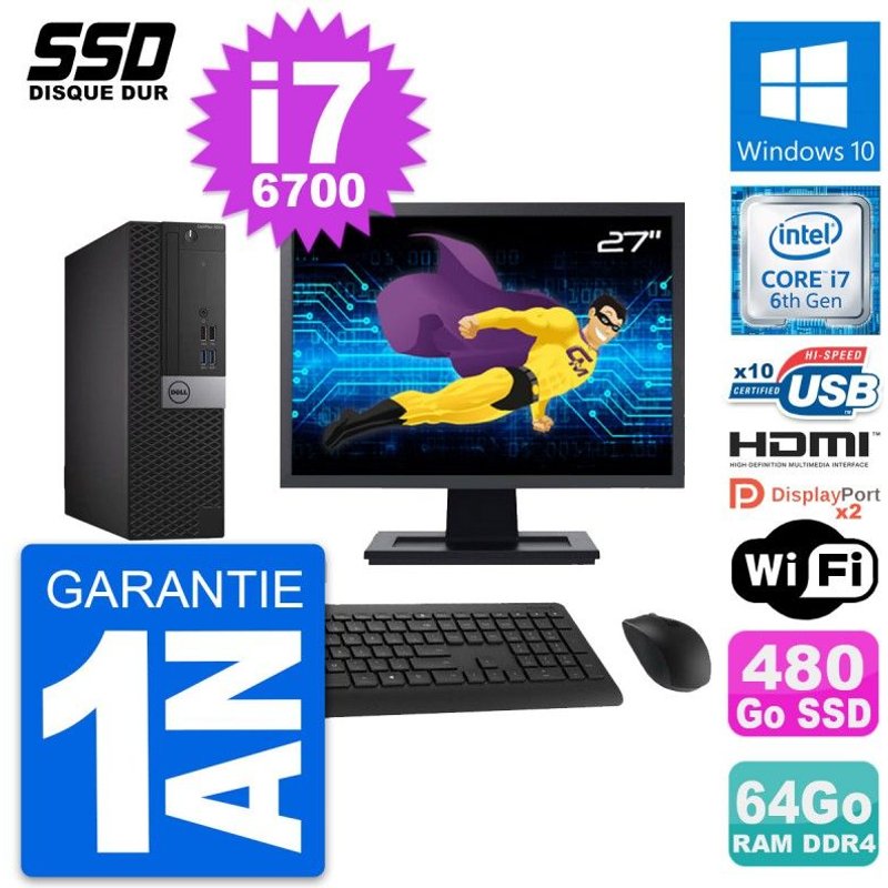PC Dell 5050 SFF Ecran 27" Intel i7-6700 RAM 64Go SSD 480Go HDMI Windows 10 Wifi