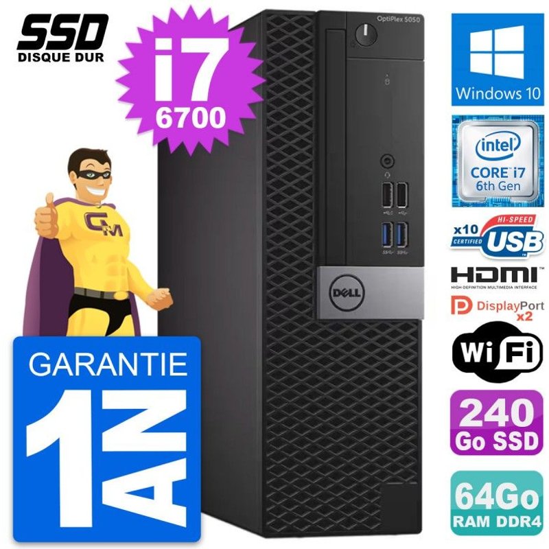 PC Dell OptiPlex 5050 SFF Intel i7-6700 RAM 64Go SSD 240Go HDMI Windows 10 Wifi