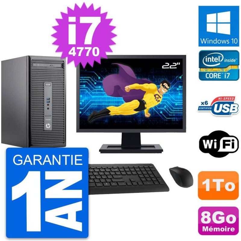 PC Tour HP 400 G2 MT Ecran 22" Intel i7-4770 RAM 8Go Disque 1To Windows 10 Wifi