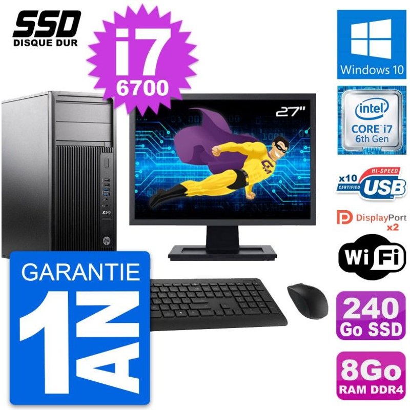 PC Tour HP Z240 Ecran 27" Intel Core i7-6700 RAM 8Go SSD 240Go Windows 10 Wifi