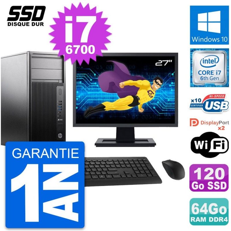 PC Tour HP WorkStation Z240 Ecran 27" i7-6700 RAM 64Go SSD 120Go Windows 10 Wifi