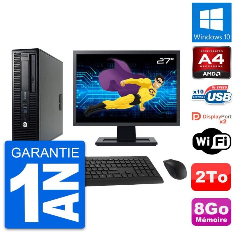PC HP 705 G1 SFF Ecran 27" AMD PRO-7300B RAM 8Go Disque Dur 2To Windows 10 Wifi
