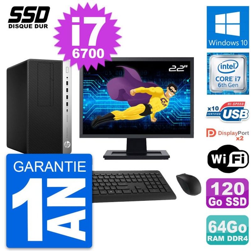 PC Tour HP ProDesk 600 G3 Ecran 22" i7-6700 RAM 64Go SSD 120Go Windows 10 Wifi