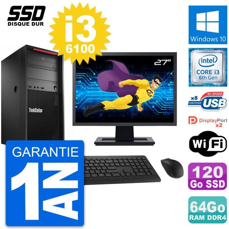 PC Tour Lenovo P320 MT Ecran 27" Core i3-6100 RAM 64Go SSD 120Go Windows 10 Wifi