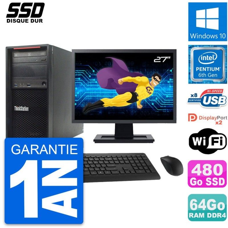 PC Tour Lenovo P310 MT Ecran 27" Intel G4400 RAM 64Go SSD 480Go Windows 10 Wifi