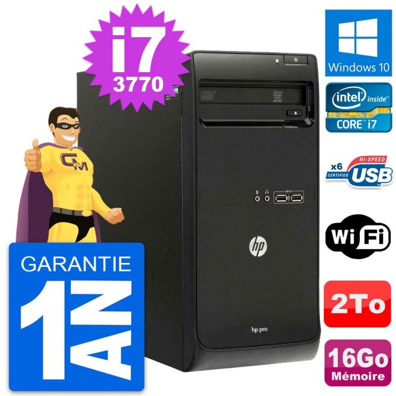 PC Tour HP Pro 3500 MT Intel Core i7-3770 RAM 16Go Disque 2To Windows 10 Wifi
