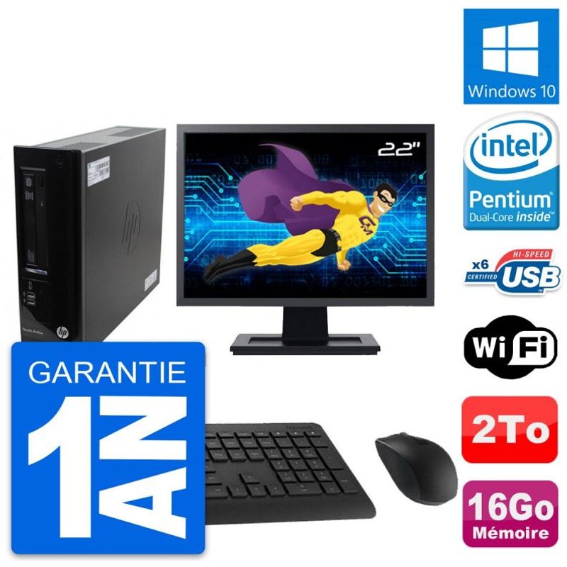 PC HP Pro 3300 SFF Ecran 22" Intel G630 RAM 16Go Disque Dur 2To Windows 10 Wifi
