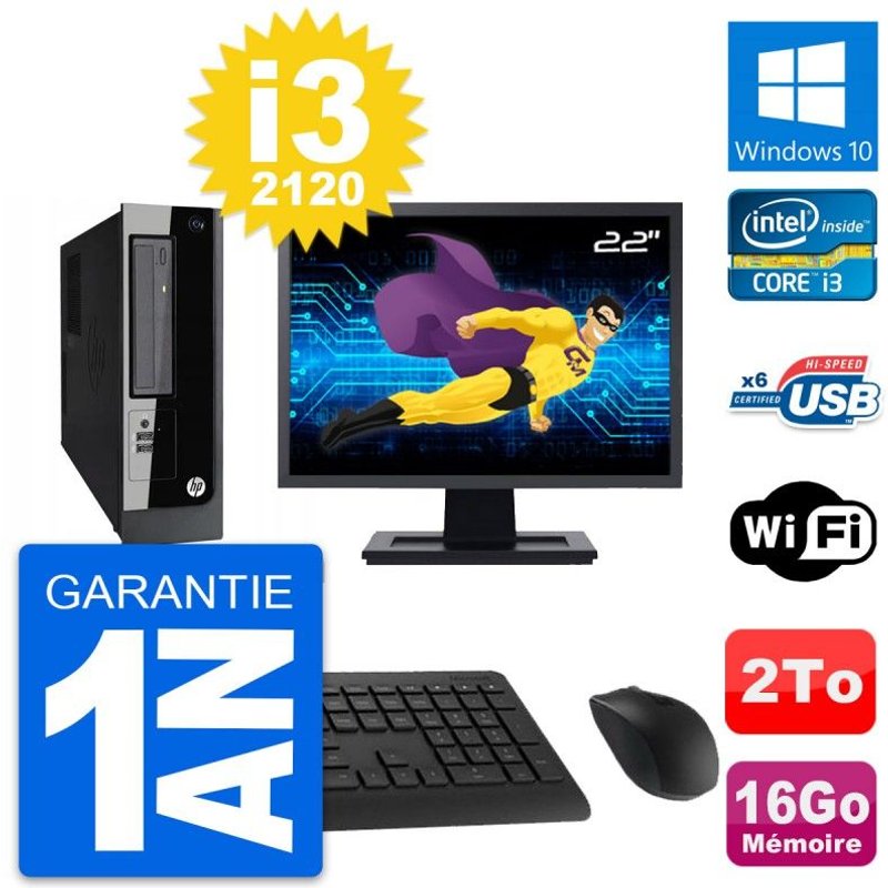 PC HP Pro 3300 SFF Ecran 22" Intel i3-2120 RAM 16Go Disque 2To Windows 10 Wifi