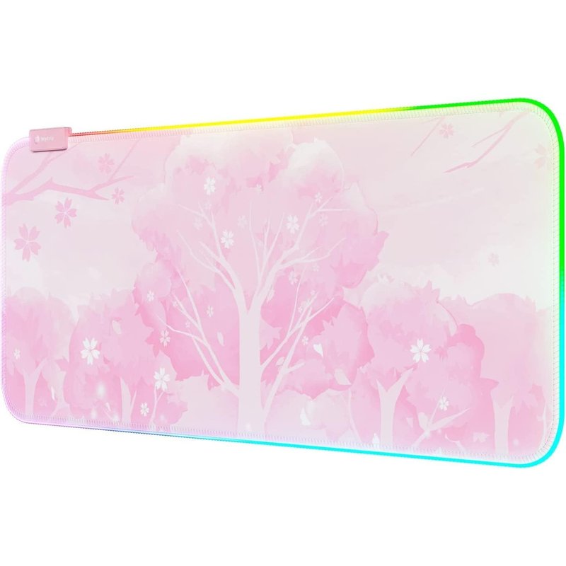 TEPPD-RGB Tapis de Souris Rose XXL 800x300mm, 14 Modes d'éclairage, Tapis de Clavier Étanche, Base en Caoutchouc Antidérapant, Grand Tapis de Bureau Étendu, Sakura en Fleur de Cerisier Mignon