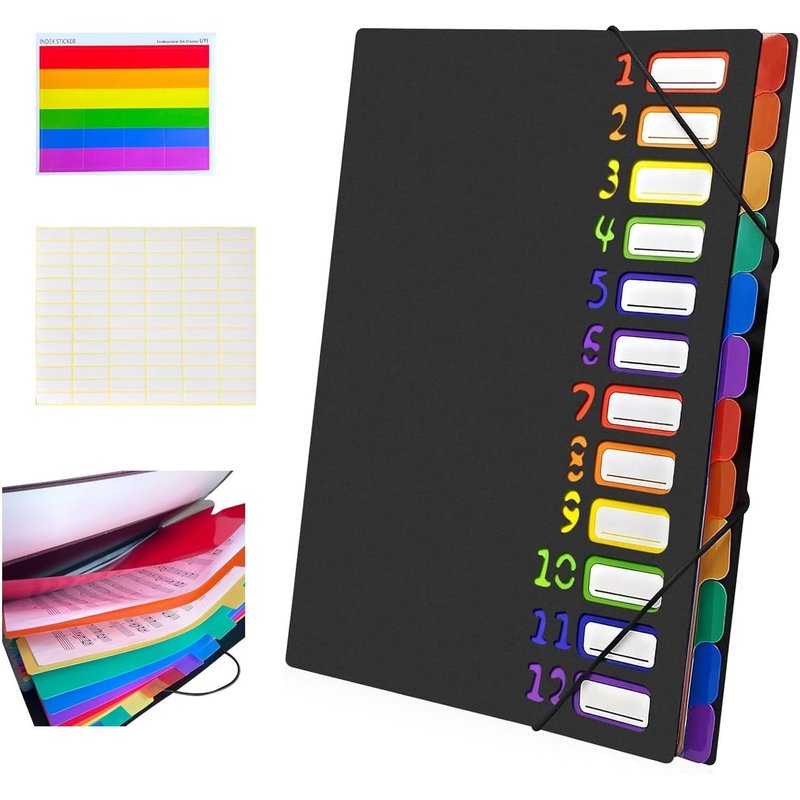 Trieur Document, Trieur 12 Compartiments A4 Étiquettes en Ruban, Rangement Papier Administratif avec Étiquettes Autocollantes Écrivables, Range Document, Convient L'école, Maison, Bureau