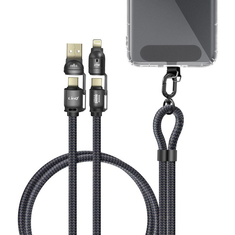 Cordon Tour du Cou 4 en 1 USB 5A USB-C 240W Lightning Charge Rapide Anti-noeuds LinQ Noir
