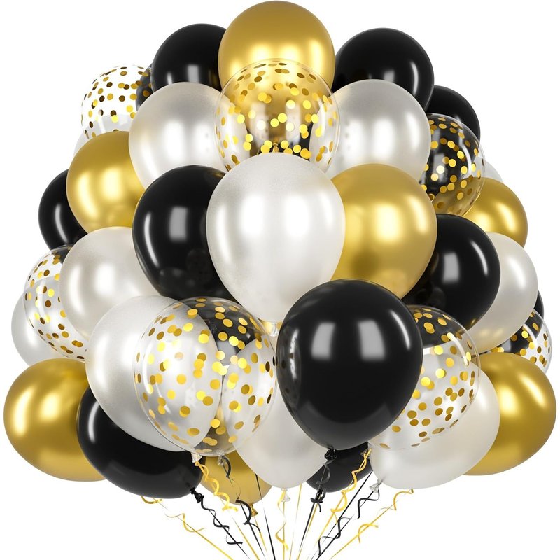 SJZG-60 Pièces Ballons Noir Doré, 12 Pouces Mat Noir Blanc Or Métallisé Latex Ballon Avec 2 Rubans Et Ballons Confettis Pour Hommes Femmes Anniversaire Baby Shower Mariage Graduation Décoration Fête