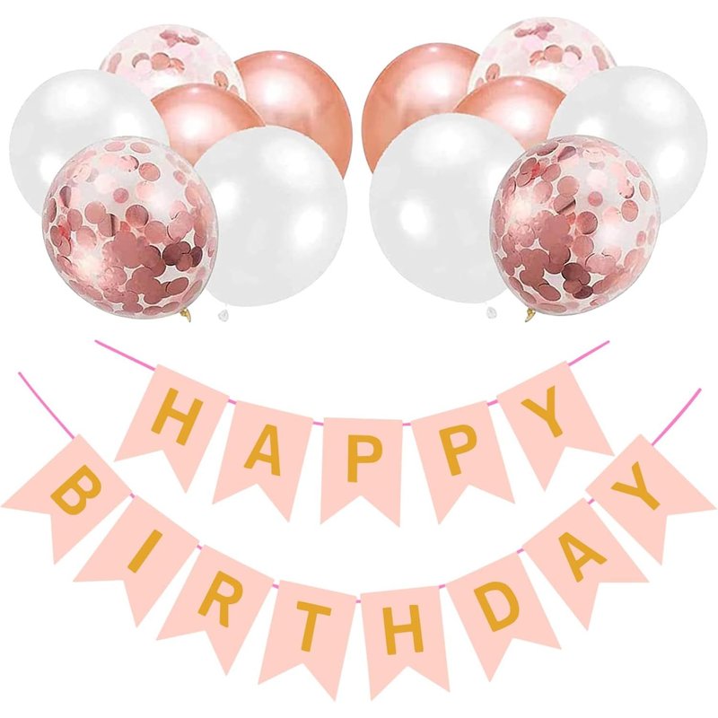 Sjzg-Bannière « Happy Birthday », Ensemble De Décoration D'anniversaire Or Rose Et Blanc Avec 12 Ballons Et 2 Rubans, Ballons D'anniversaire Pour Hommes, Garçons, Femmes Et Filles
