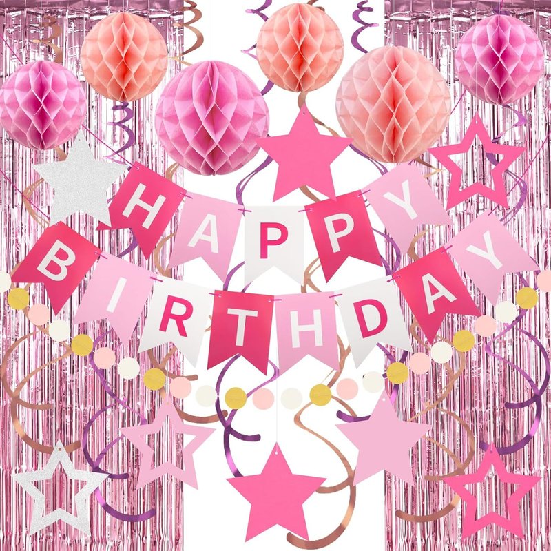 Sjzg-Superbe Kit De Décoration D'anniversaire U2013 Bannière D'anniversaire, Rideaux En Aluminium, Boules En Nid D'abeille Et Accessoires De Fête Rose U2013 Pour Garçons Et Filles U2013 Montage Fa