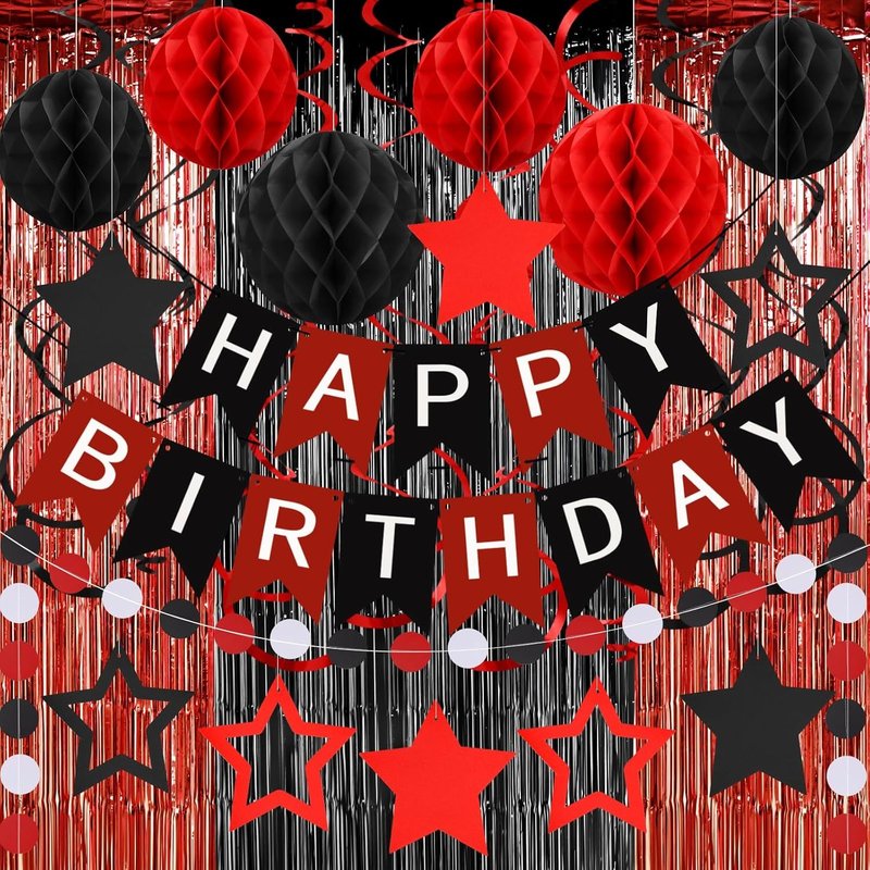 Sjzg-Superbe Kit De Décoration D'anniversaire U2013 Bannière D'anniversaire, Rideaux En Aluminium, Boules En Nid D'abeille Et Accessoires De Fête Noir Et Rouge U2013 Pour Anniversaire D'enfant Garç