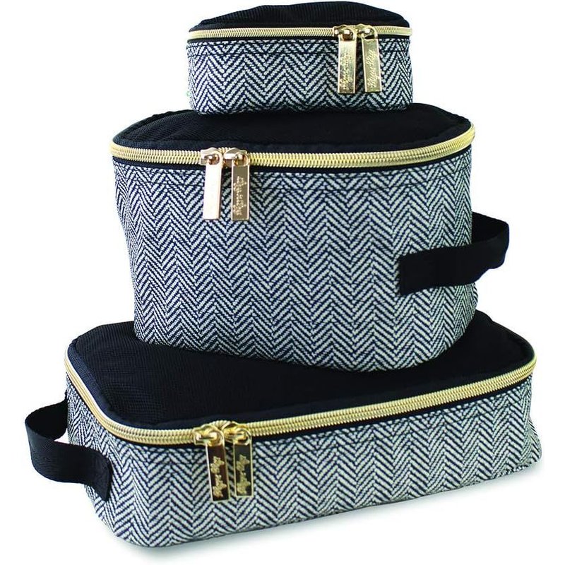 Lot De 3 Cubes De Rangement Ou Organisateur De Voyage, Avec Dessus En Maille, Doubles Fermetures Éclair Et Une Poignée En Tissu, Café Et Crème