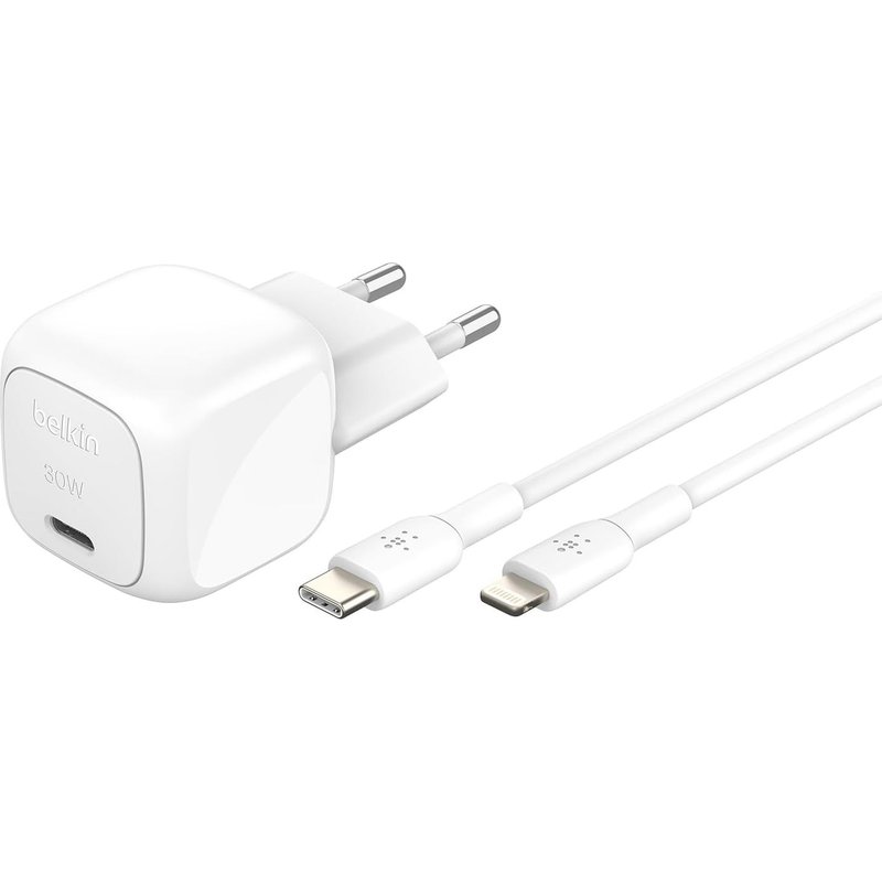 Chargeur Secteur Compact Boostcharge 30 W (Usb-C Power Delivery, Recharge Rapide Pour Apple Iphone, Samsung Galaxy, Ipad, Airpods, Tablettes, Etc., Câble Usb-C Vers Lightning Inclus, Blanc)