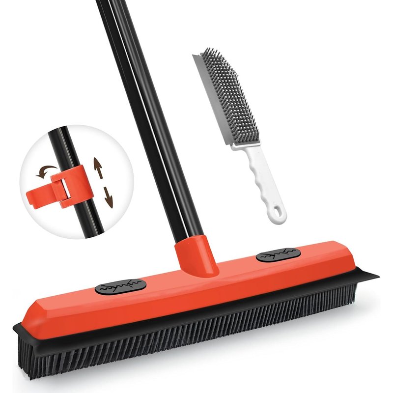 Rubber Broom Brush with Squeegee,Hair Remover for Pet Hairdressers,Silicone Broom Long Handle 134 cm for Cleaning Carpets,Windows,Tiles and Hardwood Floors (Red)