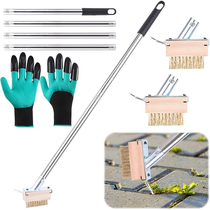 Weed Brush,160 cm Stainless Steel Handle with 2 Seal Brushes and Gardening Gloves,Brush for Removing Moss and Weed from Paver Joints