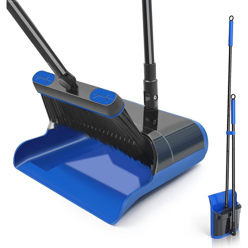 Dustpan and Brush Long Handle 136 cm for Hard Floor,Rotatable 180 Degree Mop Set for Outdoor,Garden,Hall,Indoor (Blue)