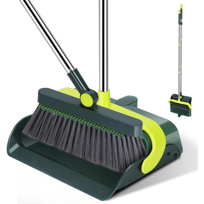 Broom and Dustpan Set,Long Handle Dustpan Set,Dustpan for Indoor and Outdoor Floor Cleaning,Dark Green
