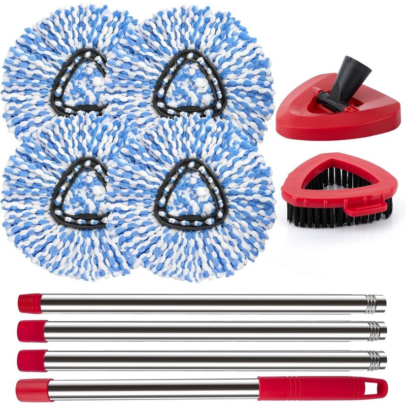 Spin Mop Replacement Heads for Fringe Mop with O Ceda and Viled EasyWring 2 Reservoir System,4 Blue Mop Heads,1 Brush,1 Handle Set and 1 Base